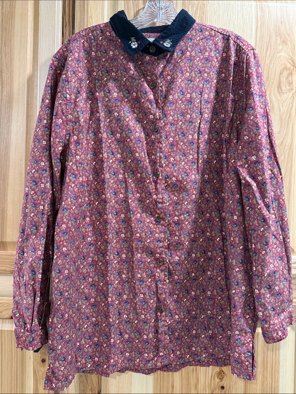 Vintage Bobbie Brooks Women Sz 14/16W Floral Button-Up Shirt Burgundy Navy